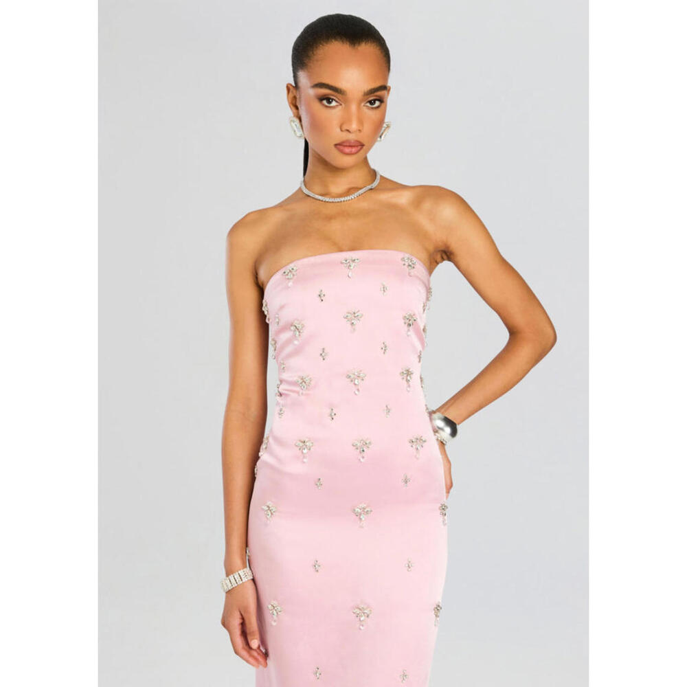 NWT $1098 Elise Blush Pink Satin Crystal Beaded Dress Gown Cocktail XS Rare - Picture 6 of 16